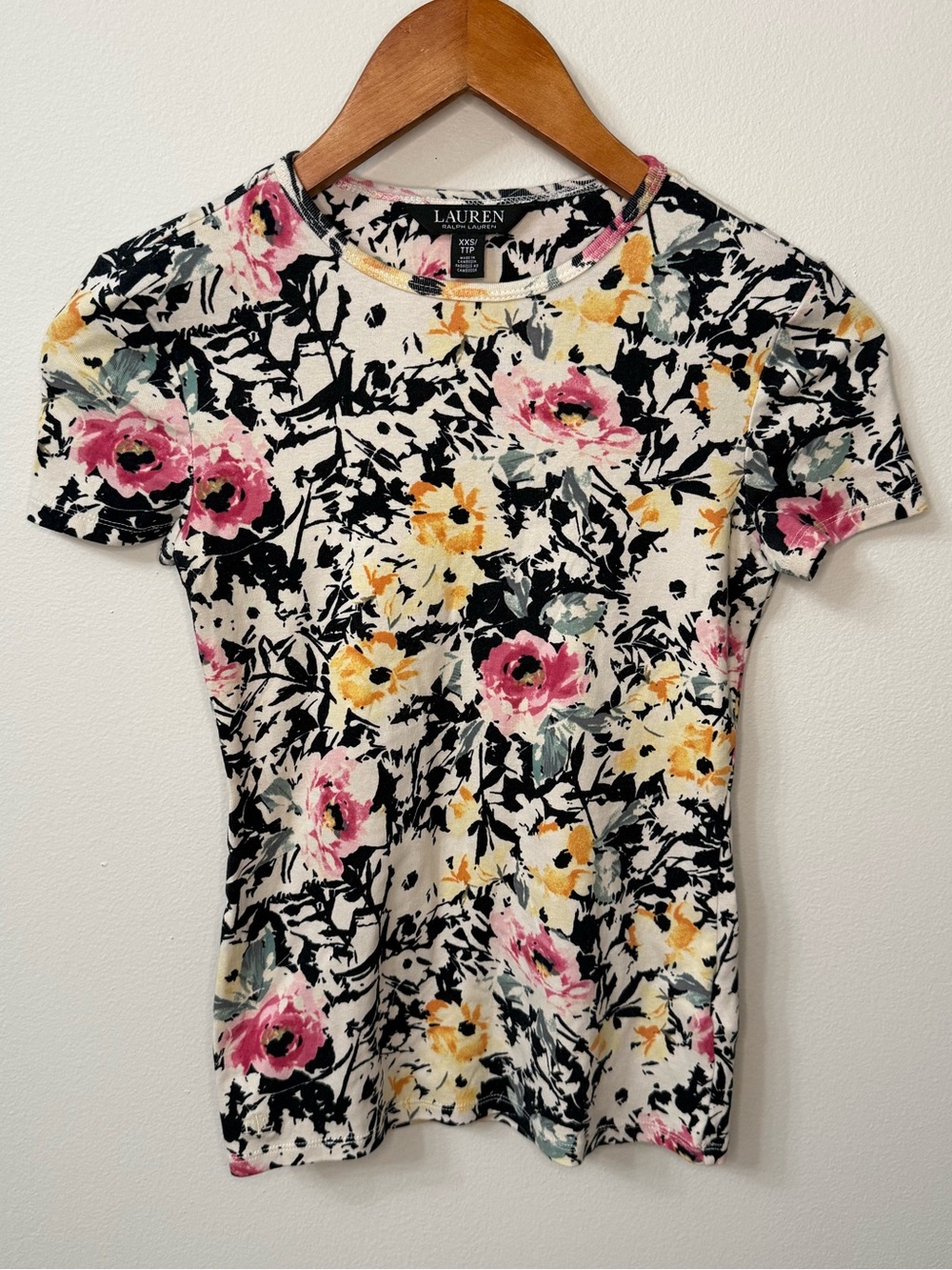 Lauren Ralph Lauren Floral Stretch Knit Top XXS Pink Yellow Black